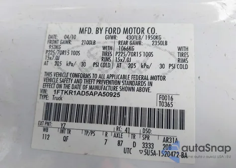 2010 Ford Ranger Xl/Xlt z USA, uszkodzony, nr VIN 1FTKR1AD5APA50925